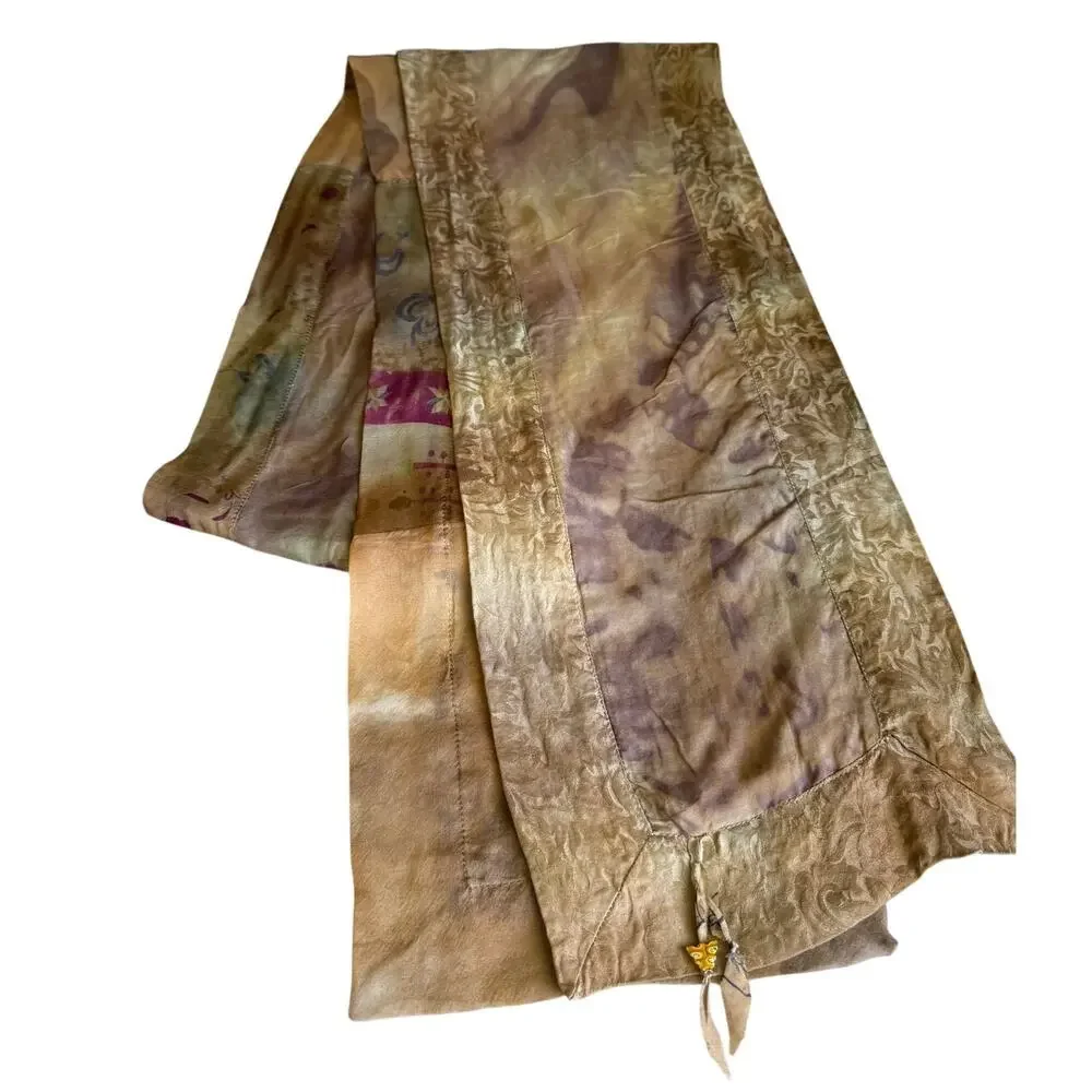 Artsy Silk Rectangular Patchwork Scarf Muted Olive Green Print